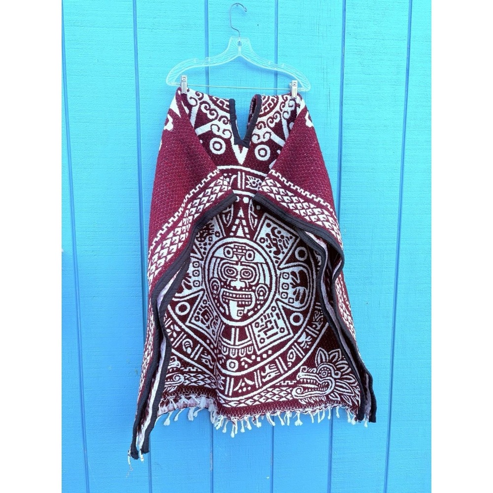 One Size Poncho Burgundy Red With White Hand Made In‎ México Aztec Calendar